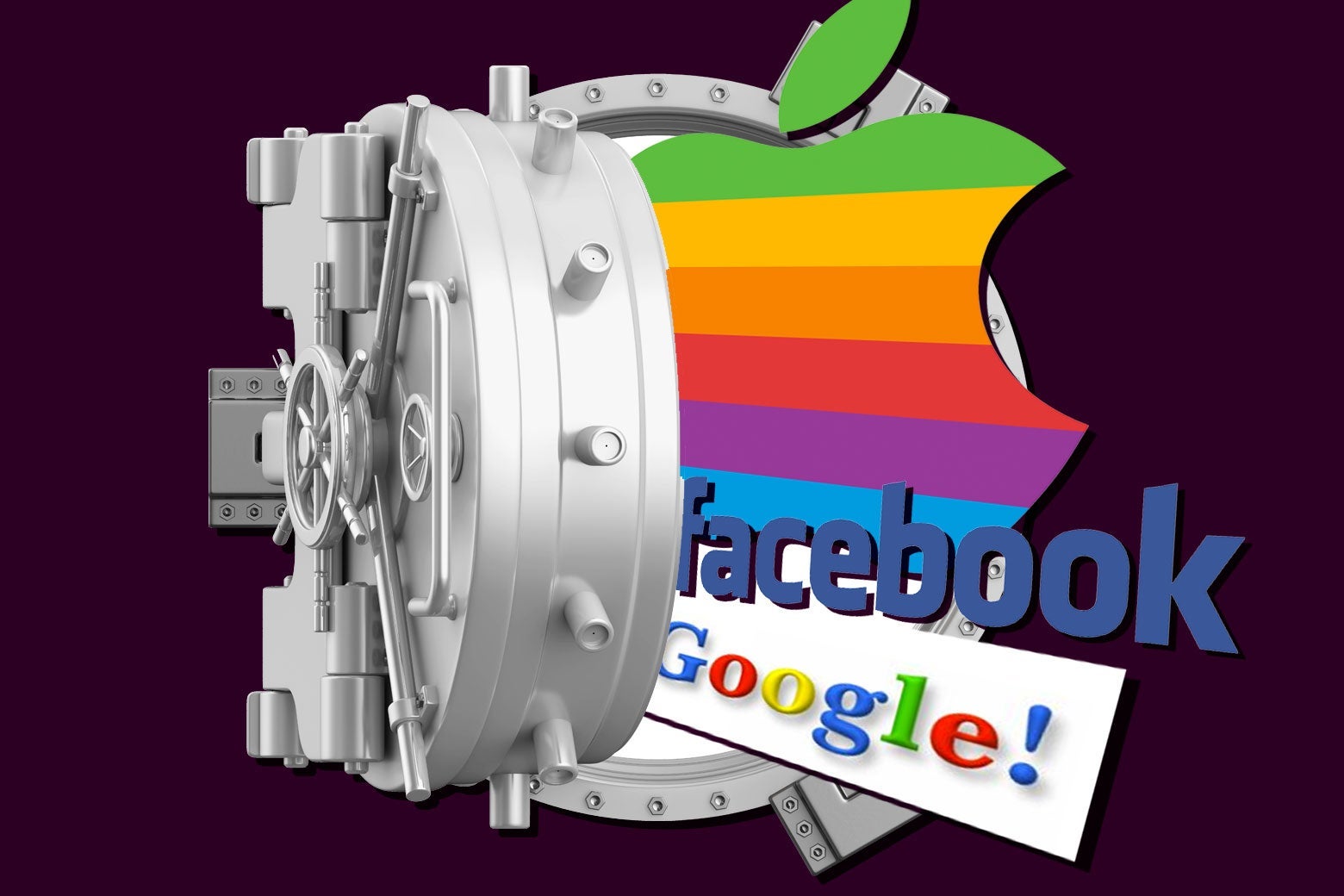An open vault from which old Apple, Facebook, and Google logos are spilling out