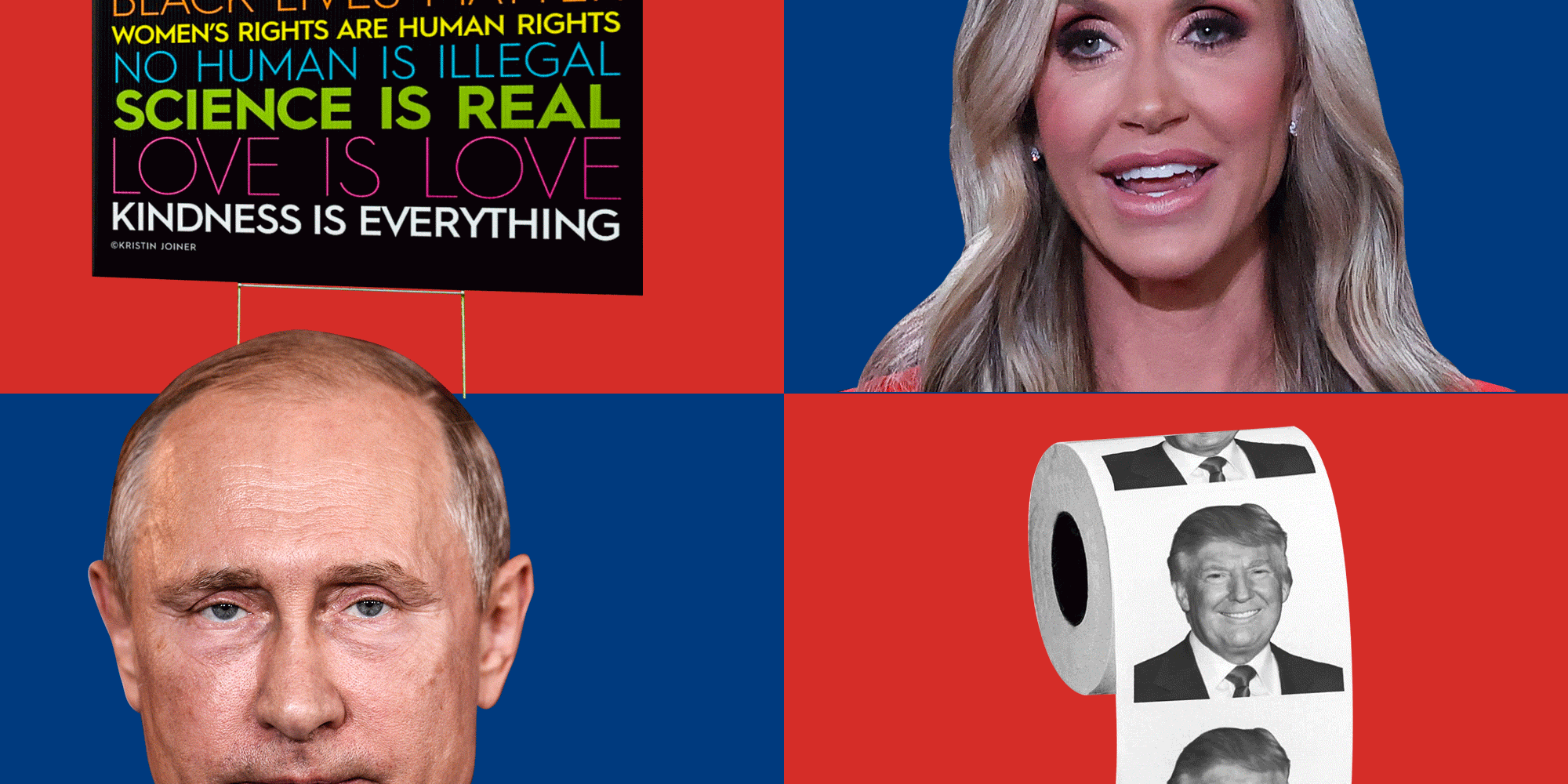 Trump toilet paper, Lara Trump, Putin, a "love is love" sign, Trump wine, Ivanka Trump, a shattered Twitter logo, and the Palm Beach Post in a grid with blinking red and blue backgrounds.