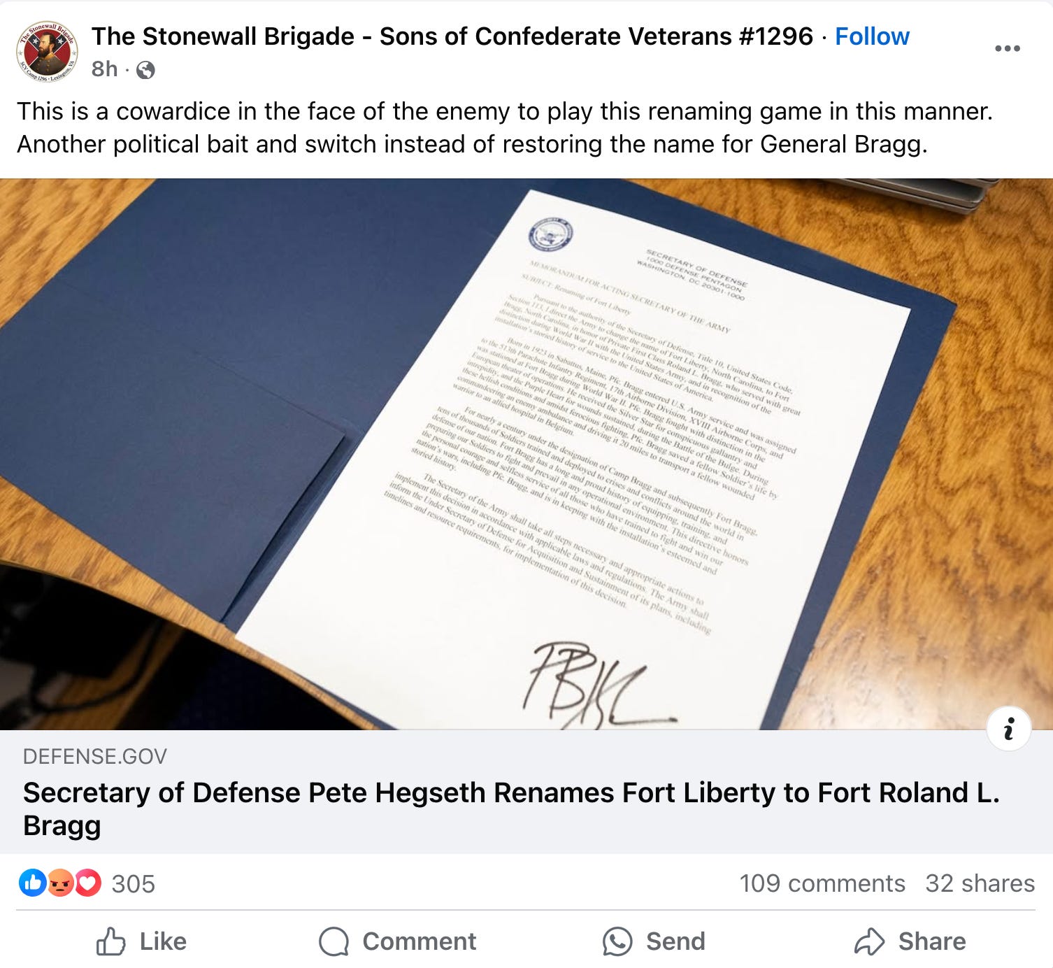 Facebook post by the group the Stonewall Brigade, in response to Hegseth's memorandum. The post reads: "There is a cowardice in the face of the enemy to play this renaming game in this manner. Another political bait and switch instead of restoring the name for General Bragg."