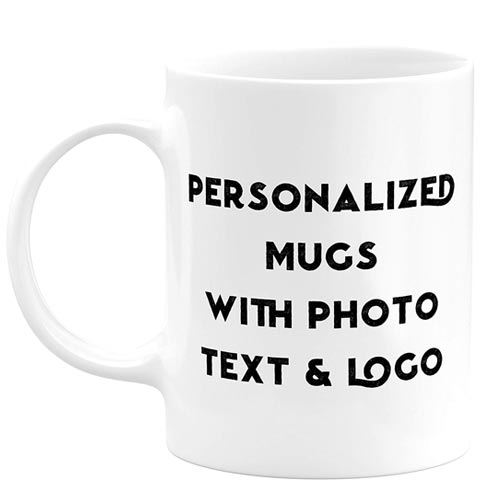 A white mug that says, "Personalized Mugs With Photo Text & Logo."