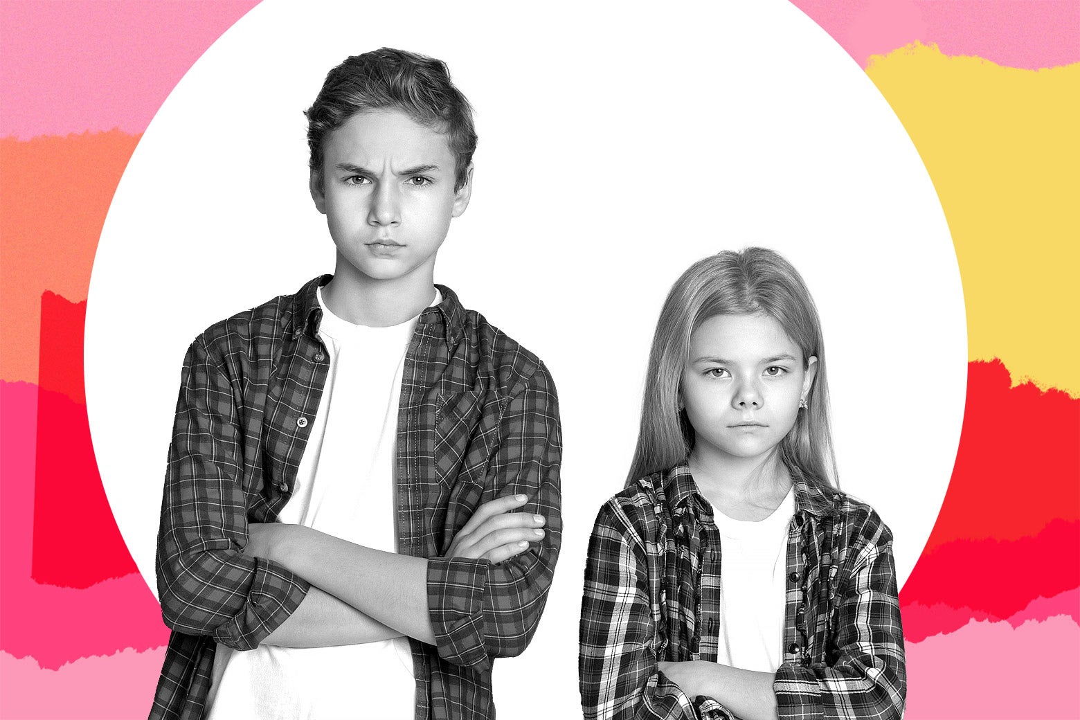 A young boy and girl looking annoyed with their arms folded.
