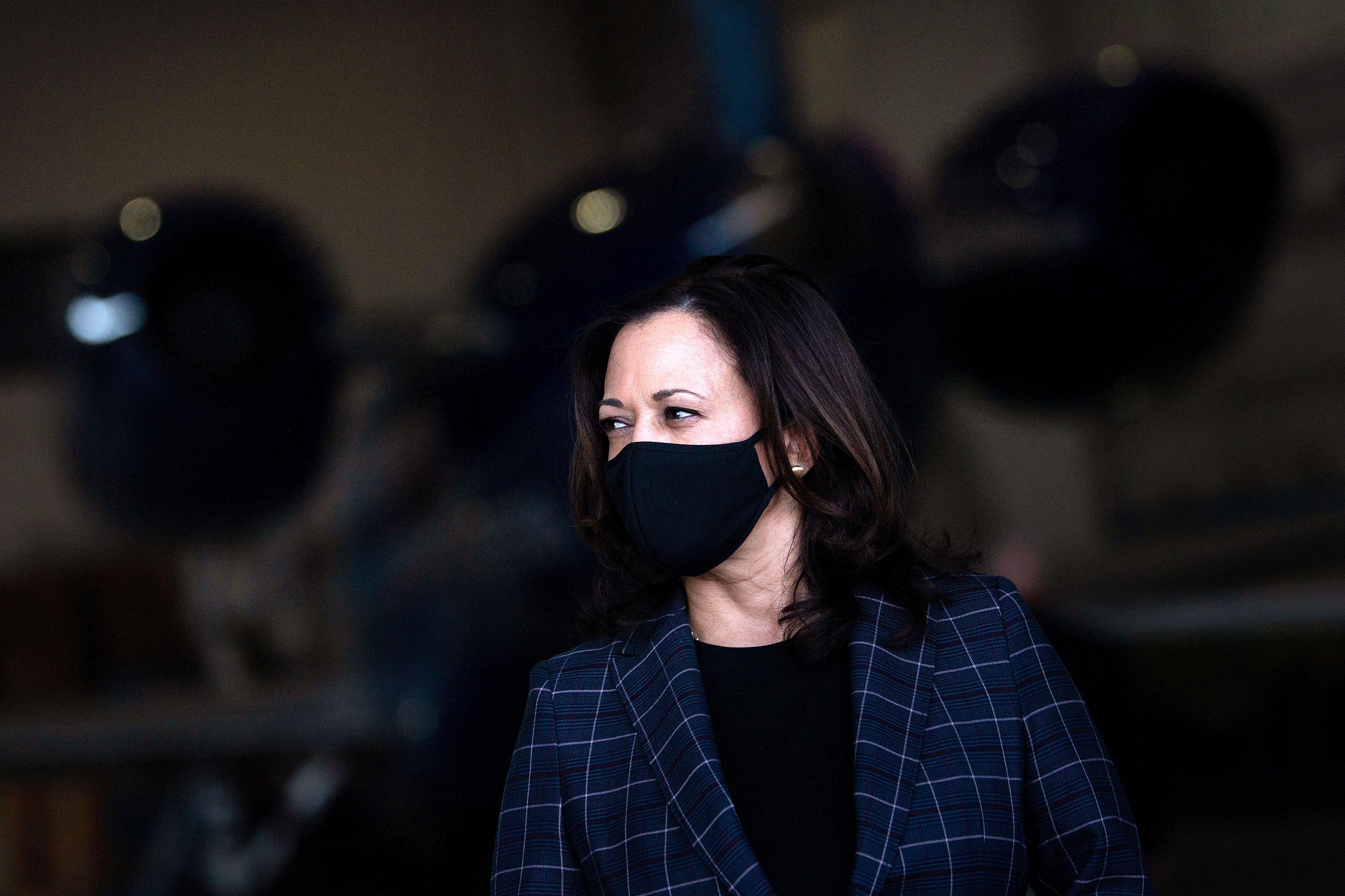 Kamala Harris wearing a face mask with an airplane in the background.