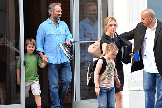 Kate Winslet with then-husband Sam Mendes and their children on April 8, 2010, in New York City.