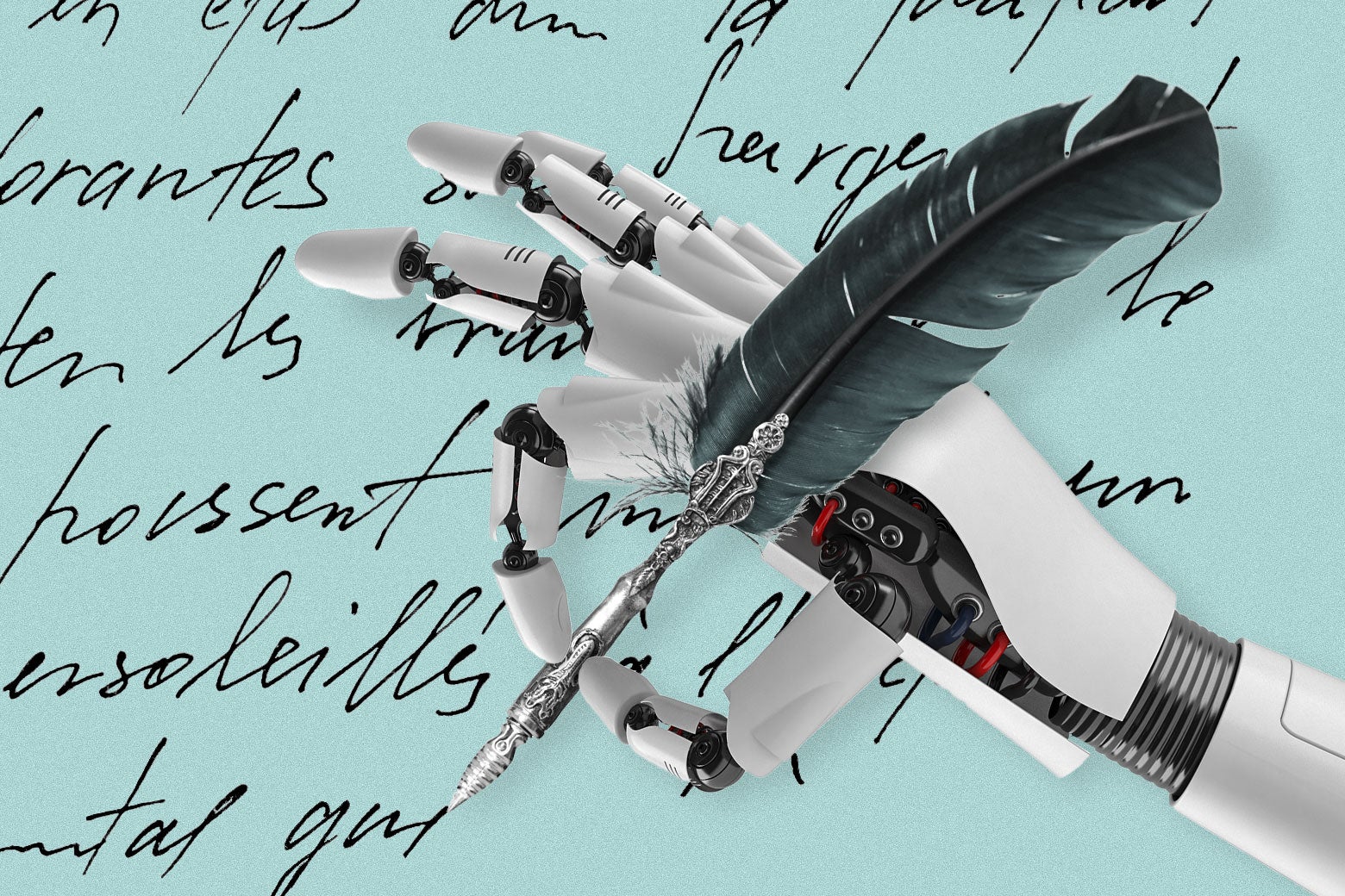 A robot hand writes using a quill pen.