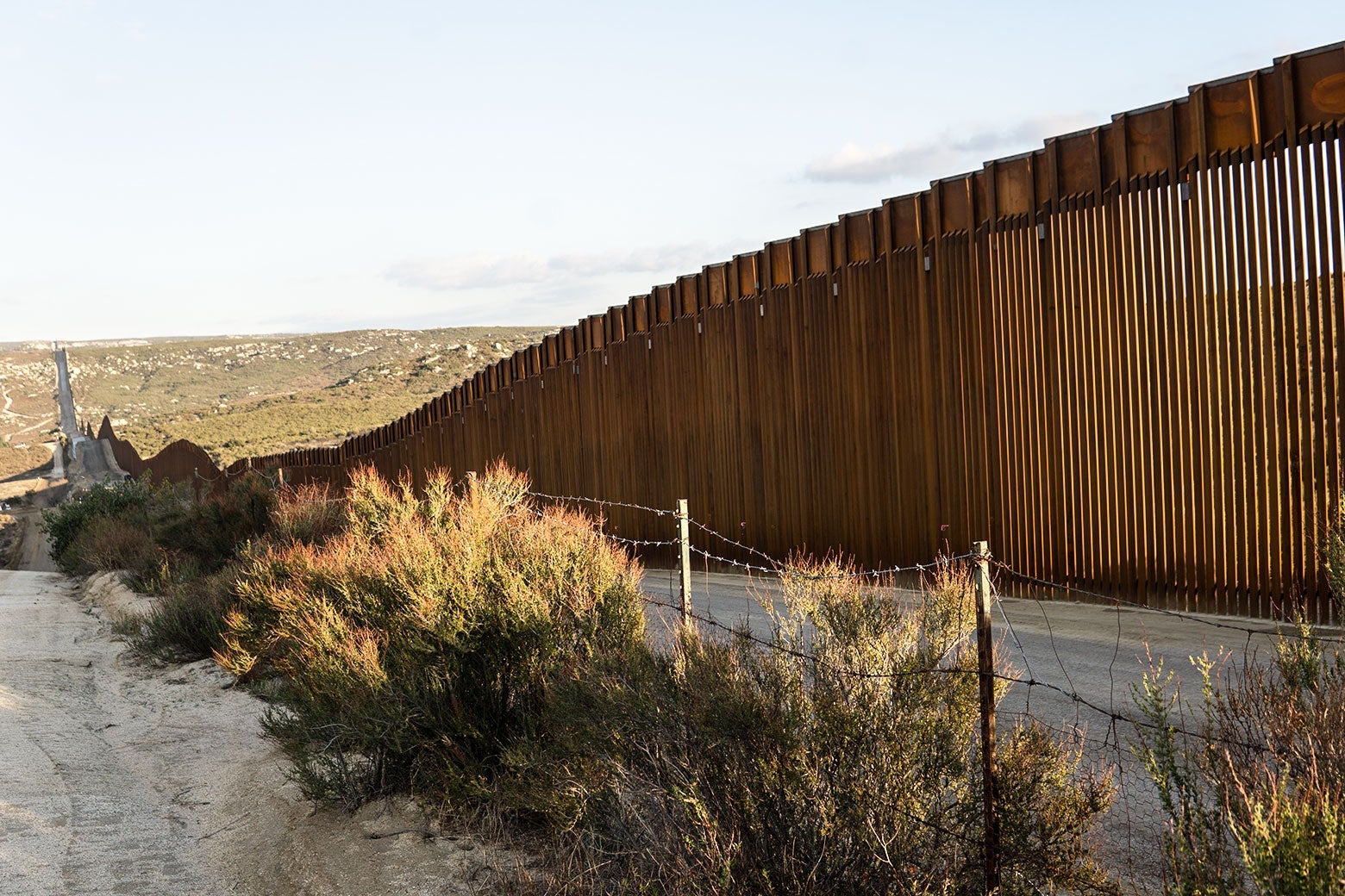 Two bare dirt roadways, separated by a line of bushes and a sagging barbed-wire fence, run alongside the tall, rust-colored shape of the United States border wall, which stands tall on the right side of the picture and recedes into the distance from right to left, diminishing as it traces the undulating landscape. 