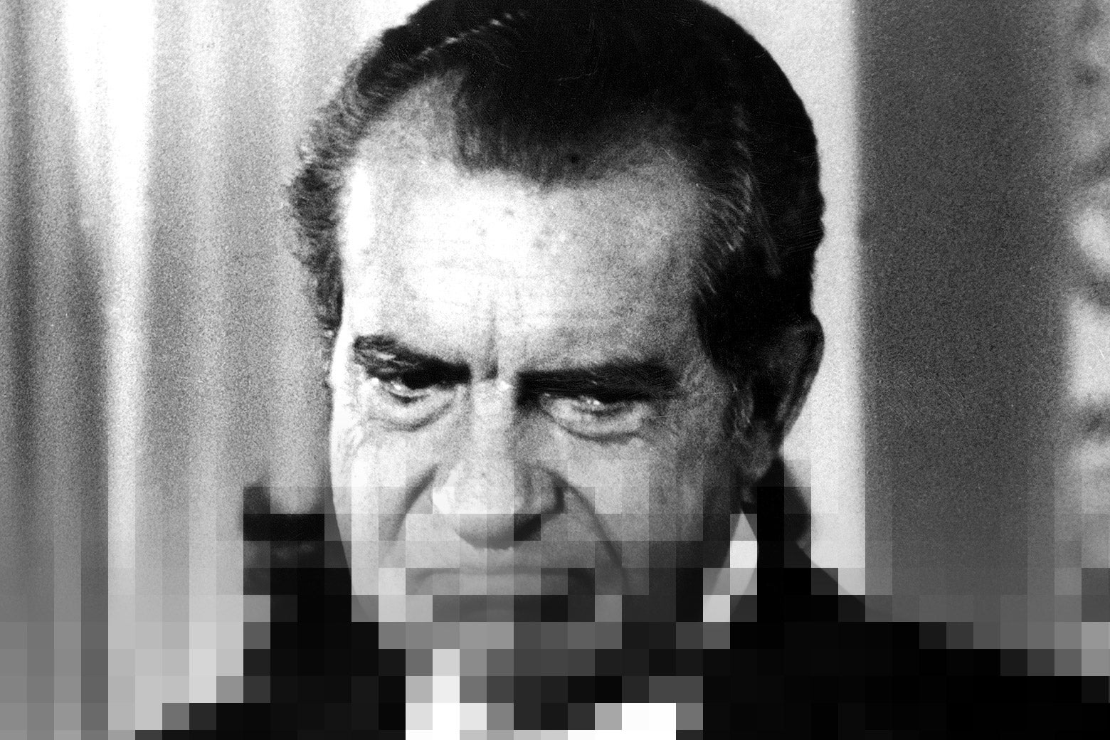 A photo of Richard Nixon pixelated as if it was downloading in the 1970s.