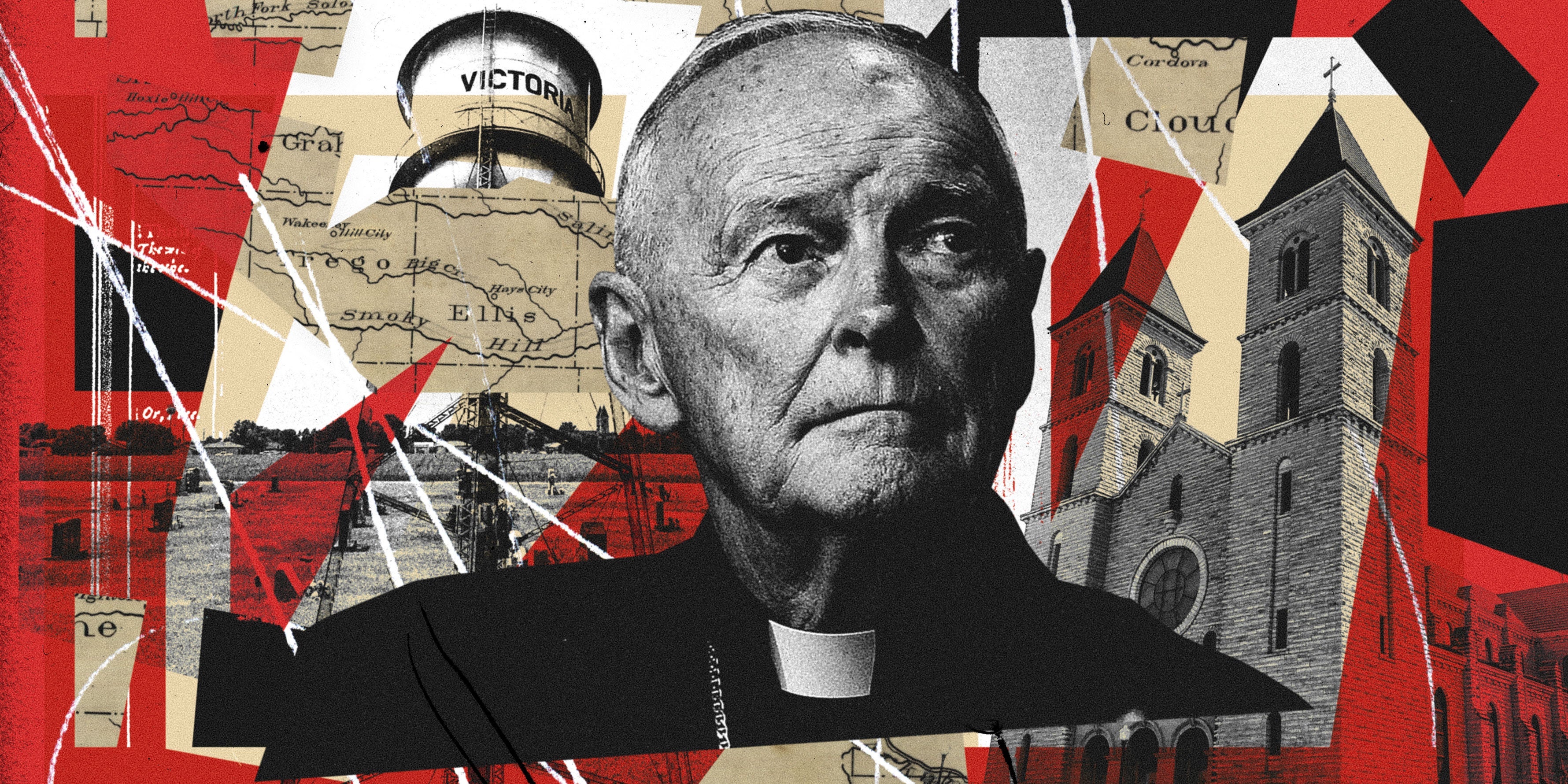 Theodore McCarrick surrounded by chaotic pieces of maps, photos of a cemetery, and the friary where he is located in Victoria Kansas.