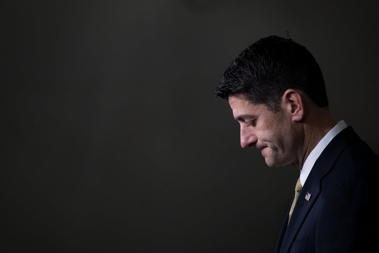 WASHINGTON, DC - OCTOBER 12: Speaker of the House Paul Ryan (R-WI) pauses while speaking during his weekly news conference on Capitol Hill, October 12, 2017 in Washington, DC. On Friday, Speaker Ryan will lead a bipartisan Congressional delegation on a trip to Puerto Rico to meet with local officials and emergency responders following the devastation from Hurricane Maria. (Photo by Drew Angerer/Getty Images)