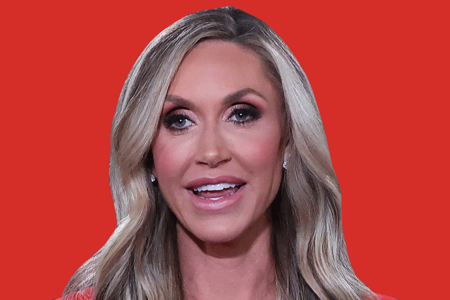 Lara Trump's face is seen in front of a red background that changes to blue.