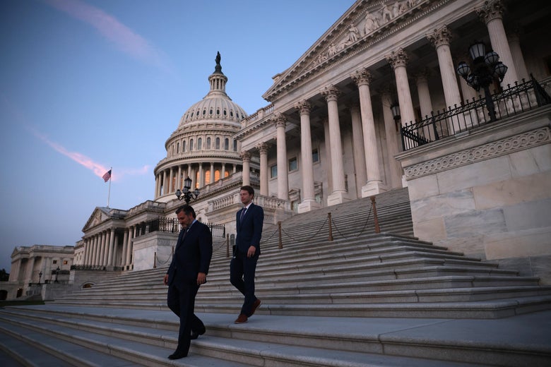 Ted Cruz and another man walk down the steps of the Capitol.