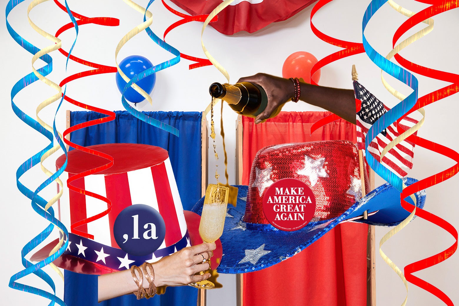 Two red, white, and blue party hats, one with 'La for Kamala Harris and the other with a Make America Great Again pin. A hand pours champagne into a glass with party streamers and balloons.