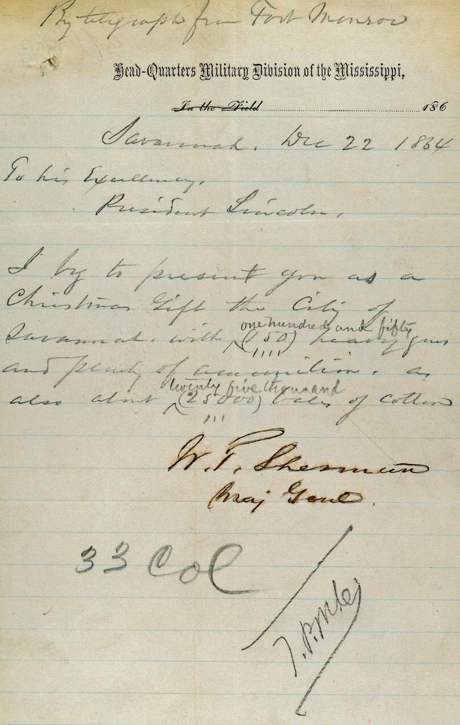 Sherman telegram to Lincoln 