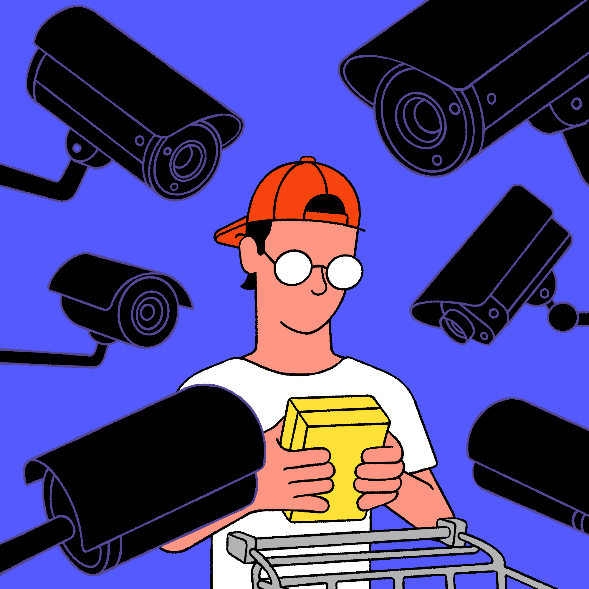 A man in a backward baseball cap and glasses looking up at several mounted, moving surveillance cameras outside a store.