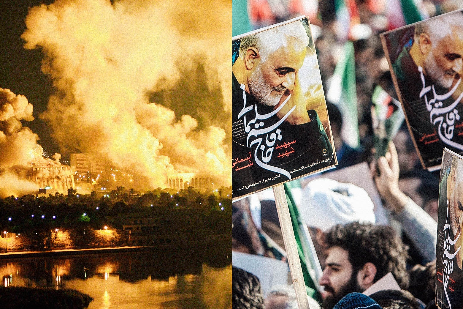 Left: Smoke covers the presidential palace in Baghdad in 2003. Right: People hold posters featuring Gen. Qassem Soleimani's face and Arabic script during the funeral ceremony for him.