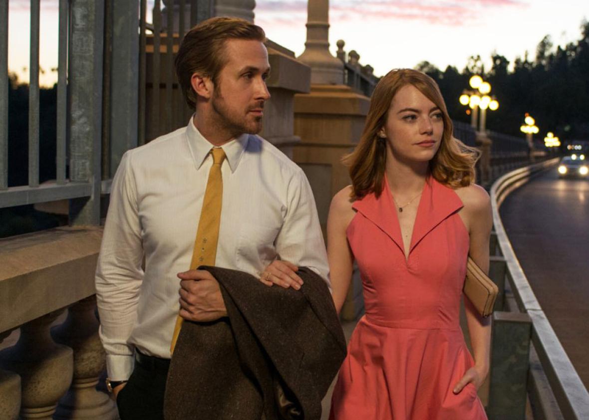 Ryan Gosling and Emma Stone on the set of La La Land in Los Angeles