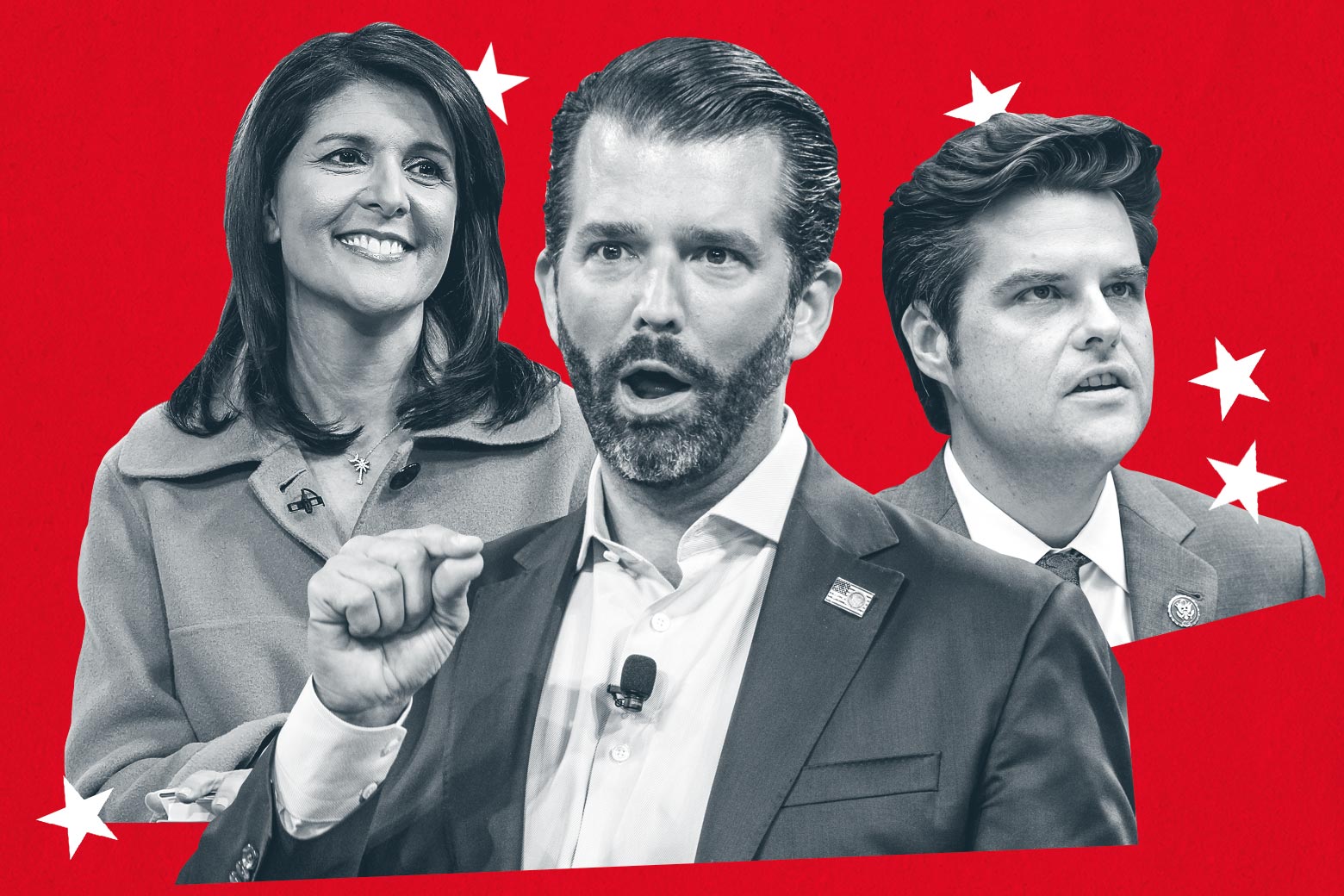 Nikki Haley, Donald Trump Jr., and Matt Gaetz are seen against a red background surrounded by white stars and a sign reading "2020 Republican National Convention."