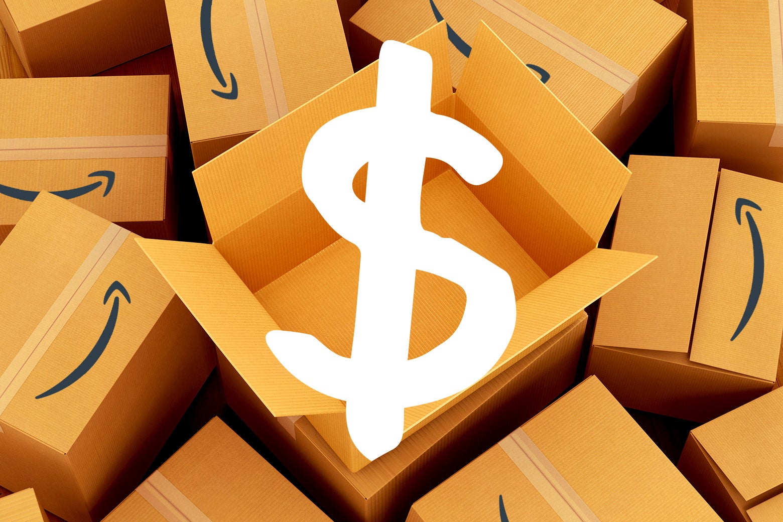 A dollar sign superimposed over a backdrop of Amazon boxes.