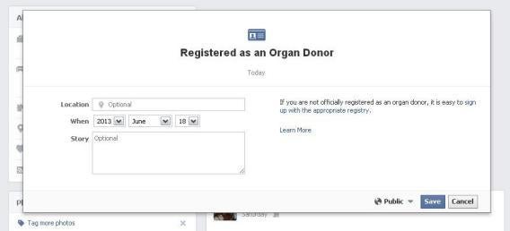 Facebook organ donation screen