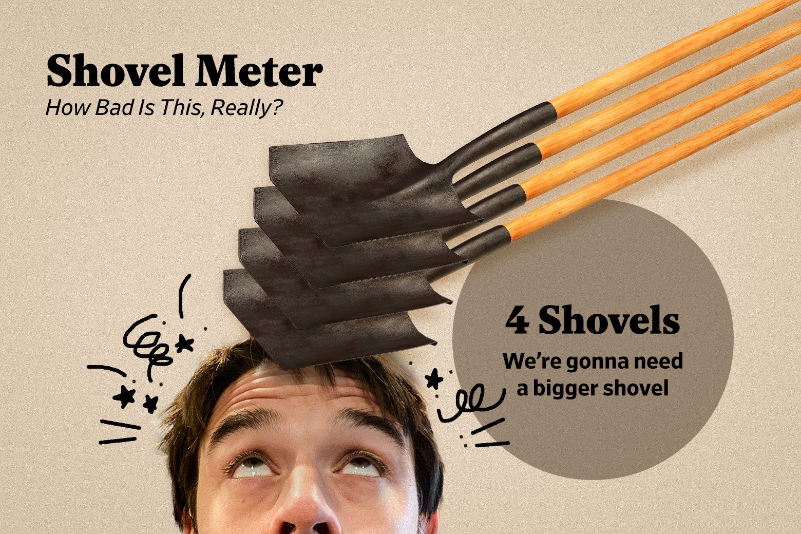 An illustration of Ben Mathis-Lilley being hit on the head with four shovels, with cartoon lines and stars radiating out of his head, and text that reads: Shovel Meter. How Bad Is This, Really? 4 Shovels: We're Gonna Need a Bigger Shovel.