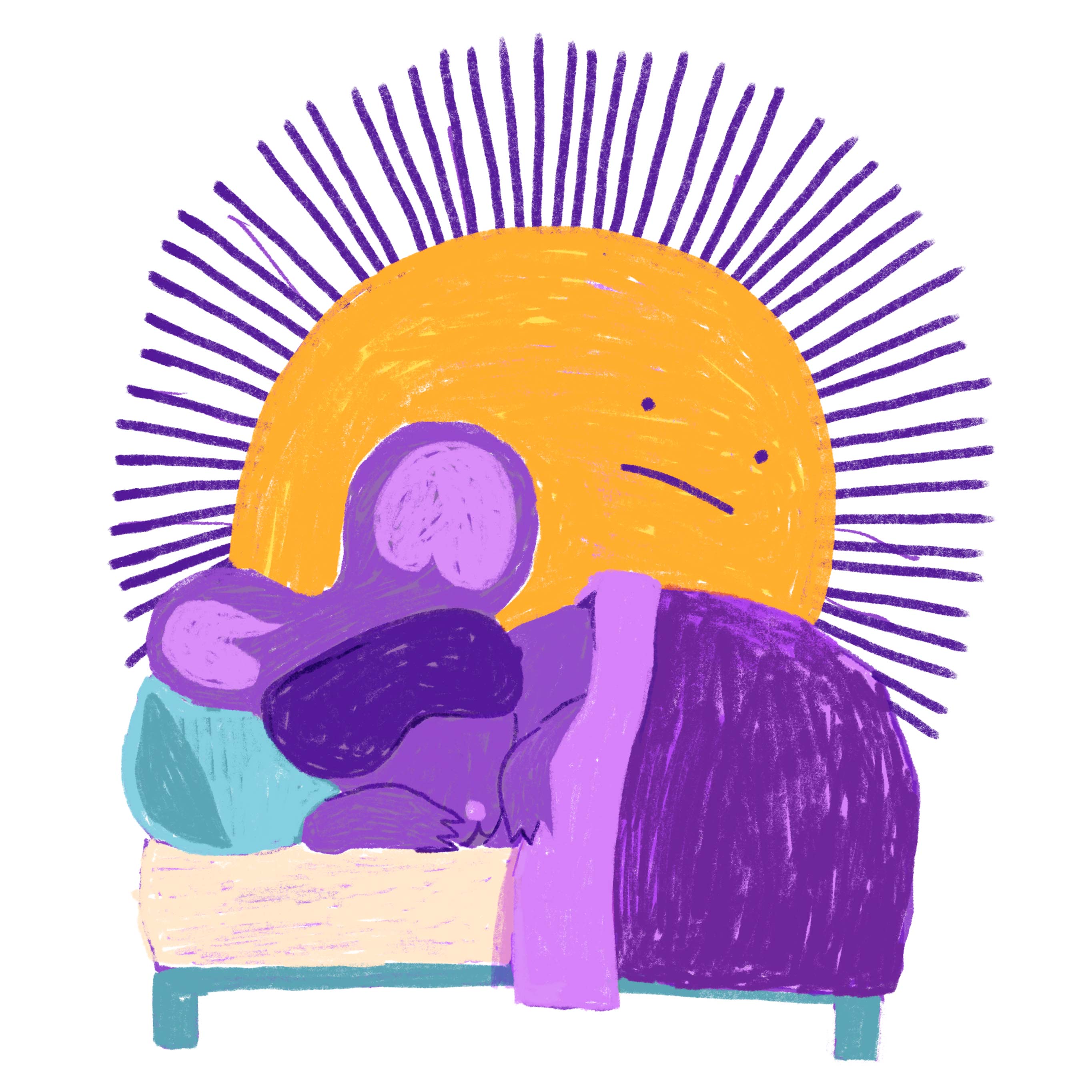 A purple rat sleeps with an eye mask on while the sun rises.