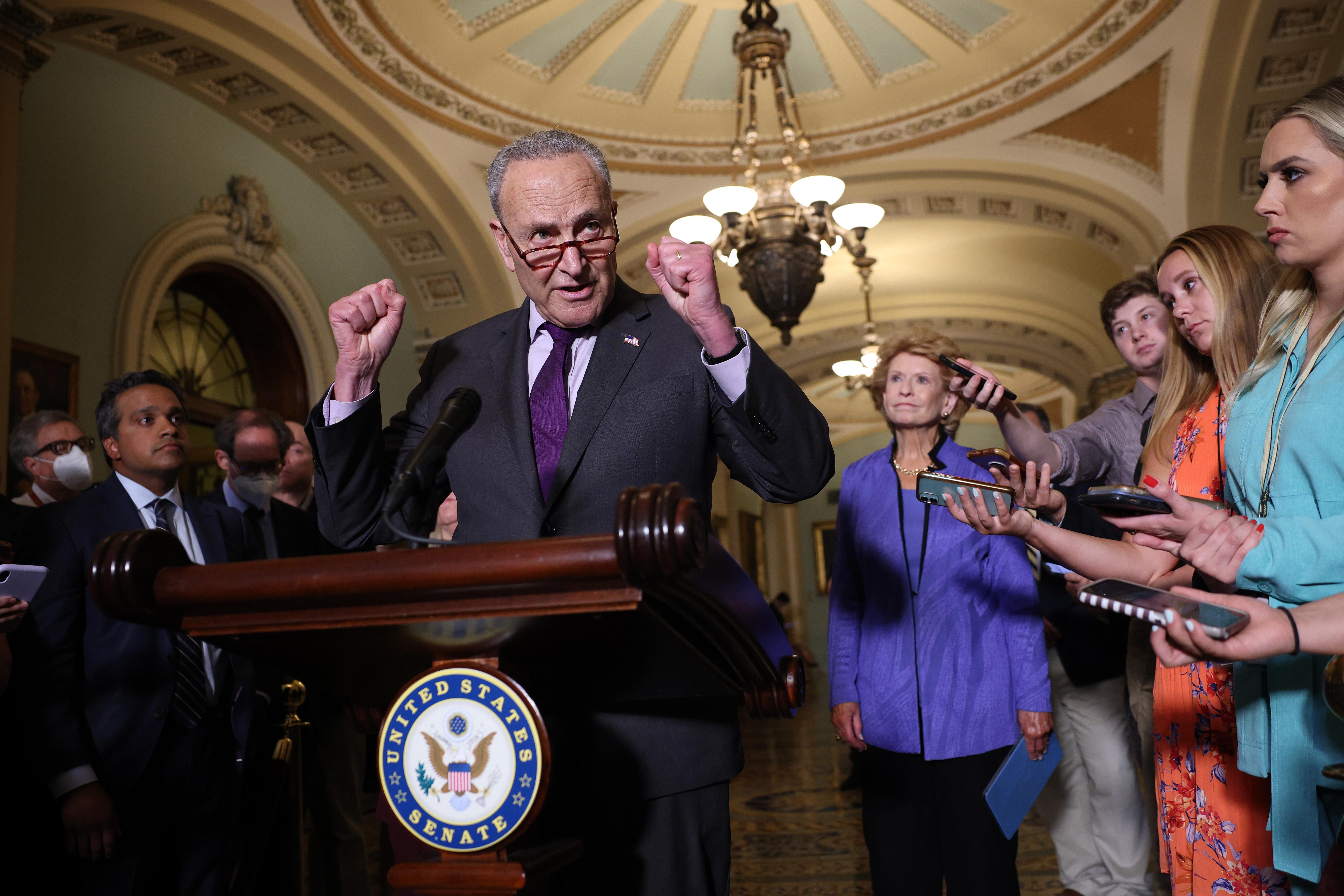 Chuck Schumer makes two fists as he speaks at a podium surrounded by reporters