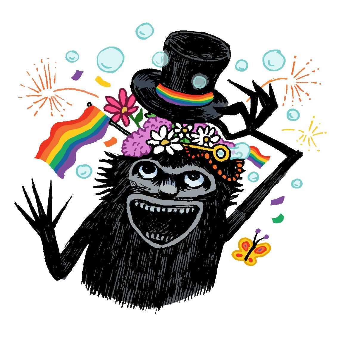 Illustration of the Babadook with rainbows.