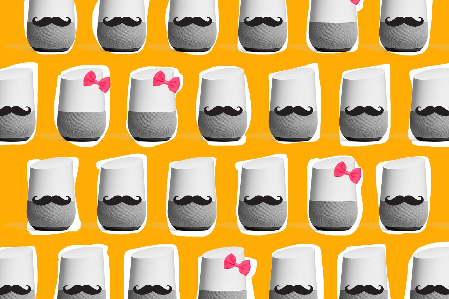 Photo illustration: Google Home devices with alternating mustaches and pink bows.