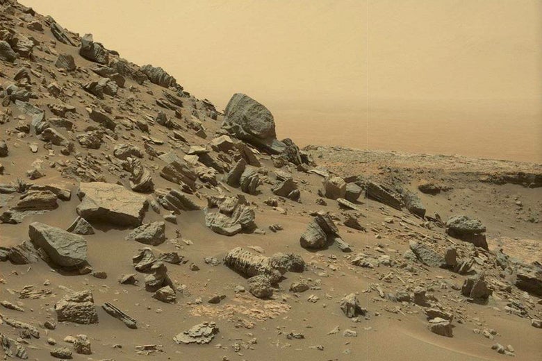 A rocky hill on the surface of Mars.