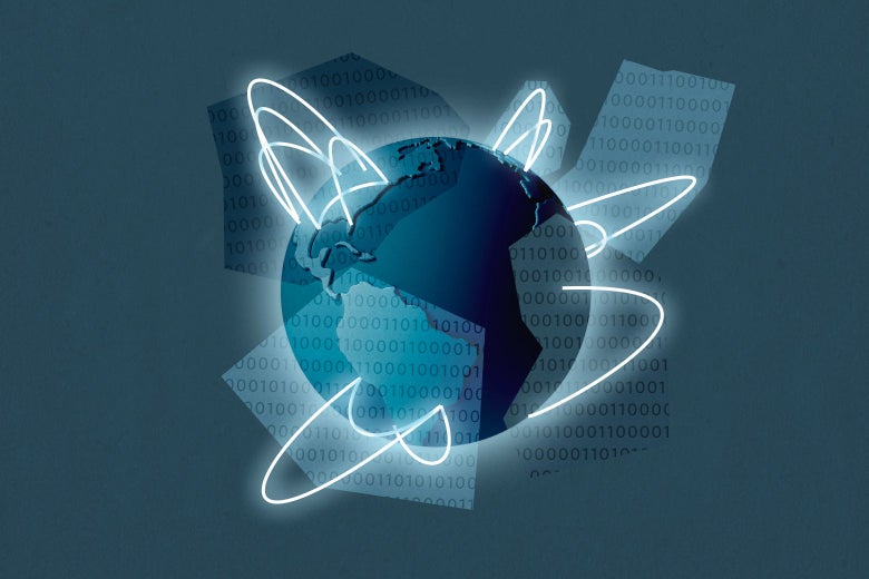Globe with glowing wires emanating from countries but never crossing one another, with a watermark of binary code