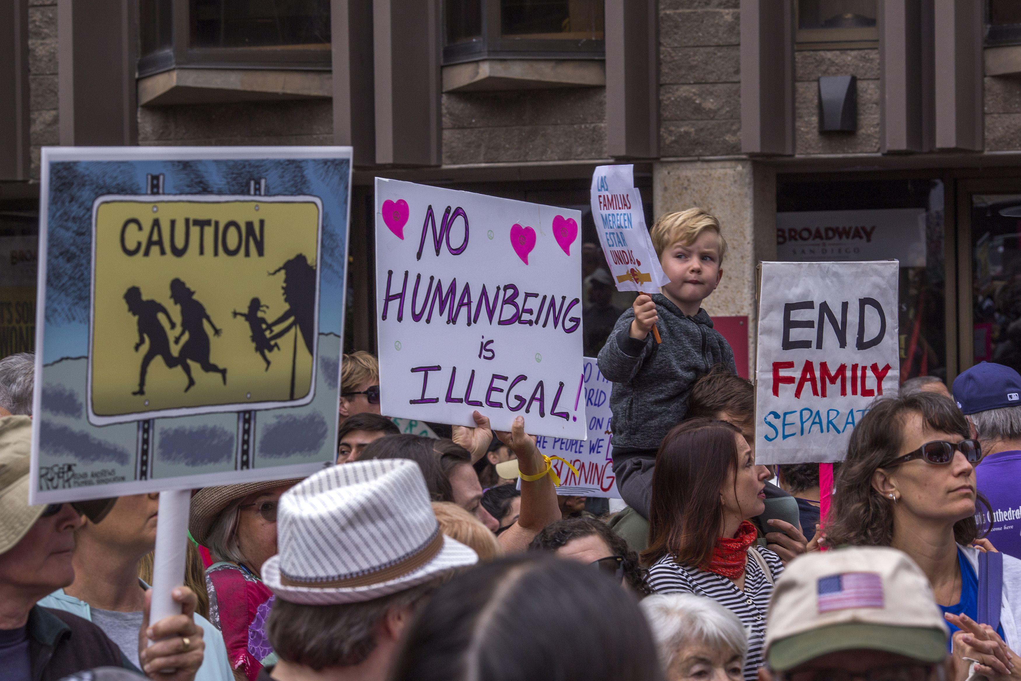 Protesters demand that thousands of children taken from their immigrant parents by border officials under recent controversial Trump administration policies be reunited on June 23, 2018 in San Diego, California. 