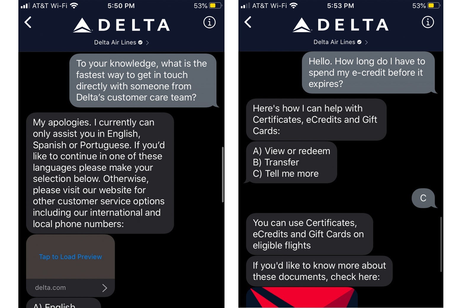 Screenshots of a frustrating conservation with the Delta app chatbot.