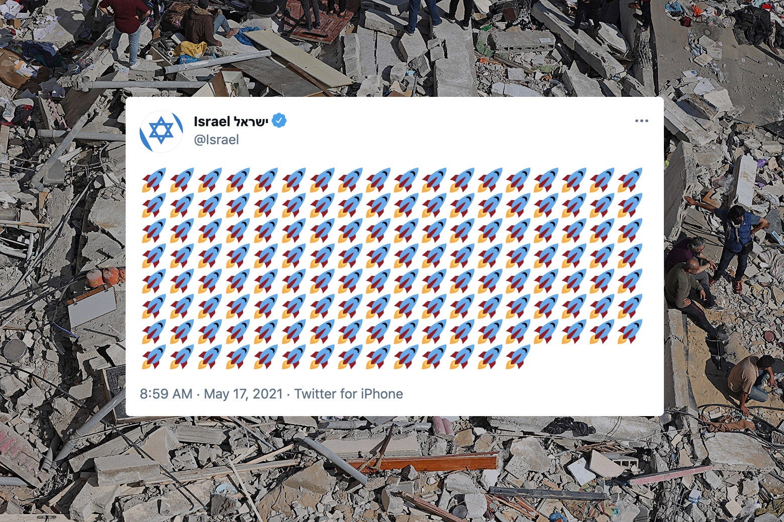 Destruction in Palestine from bombs shot by Israel and a tweet with several rocket emoji from Israel's official Twitter account