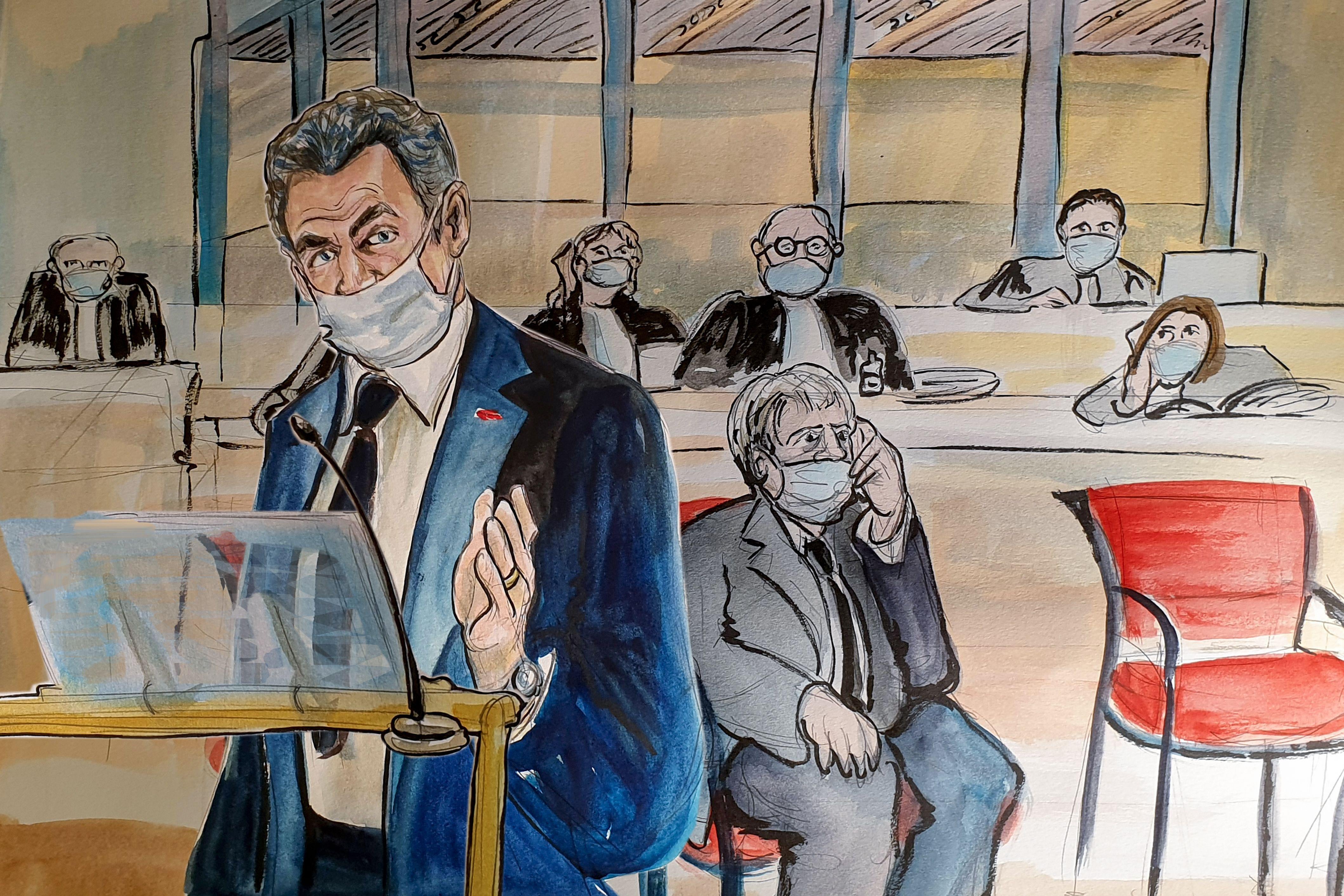 A cartoonish courtroom sketch of a masked Sarkzoy testifying.