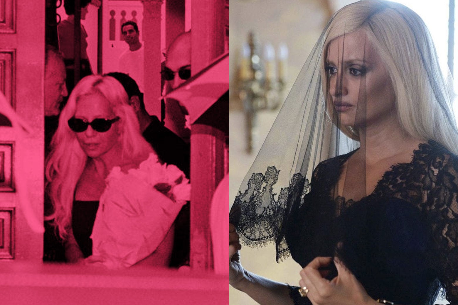 Donatella Versace and Penelope Cruz as Donatella in the show.