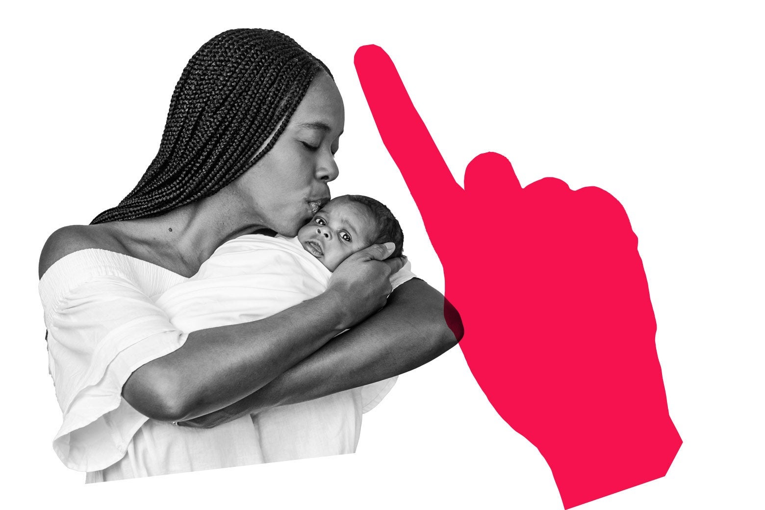 Woman kissing a baby in her arms, and a graphic of a hand with a finger wagging.