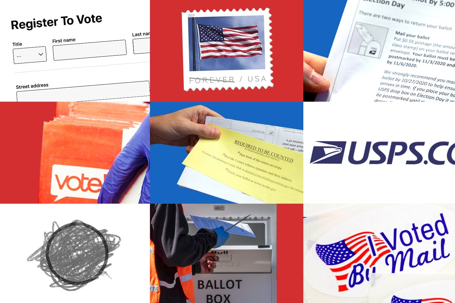 A collage of I Voted stickers, ballots, ballot boxes, stamps, etc.