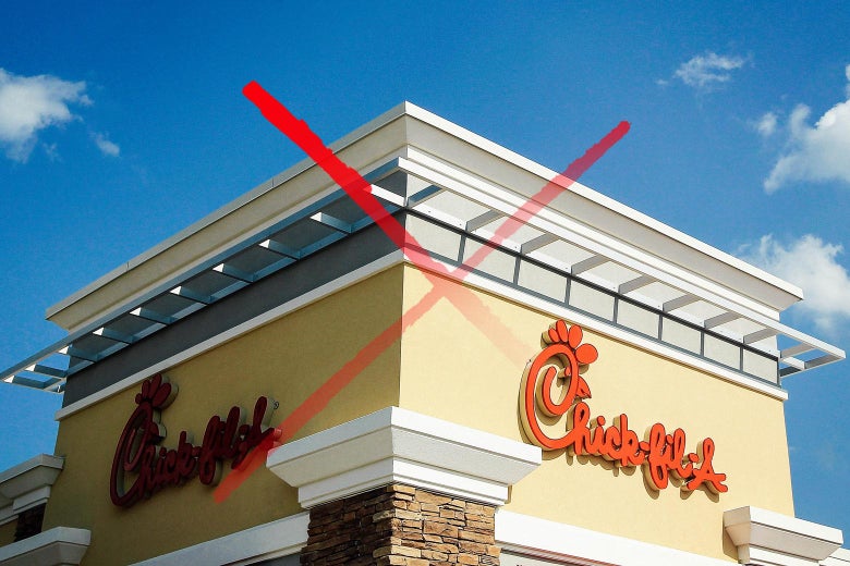 A faded red X imposed over a Chick-fil-A