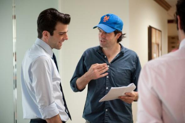 Zachary Quinto and director J.C. Chandor on the set of Margin Call.