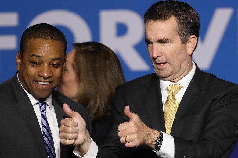 Fairfax smiles and Northam gives a thumbs-up in a campaign night photo.
