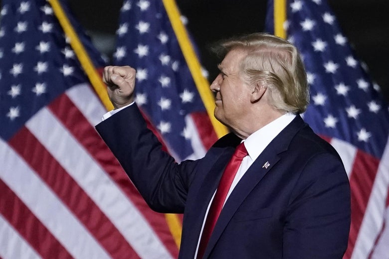 President Donald Trump pumps his fist as he concludes his remarks during a campaign rally at Newport News/Williamsburg International Airport on September 25, 2020 in Newport News, Virginia.