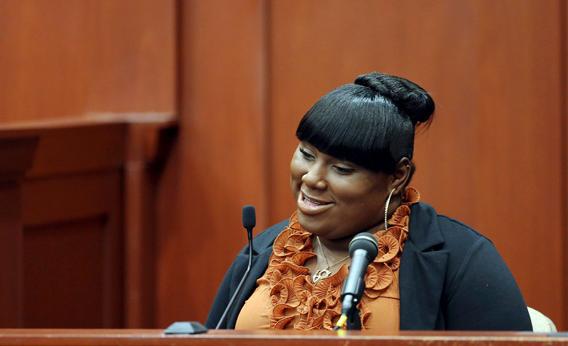 Witness Rachel Jeantel smiles towards the end of her second day testimony during George Zimmerman's murder trial for 2012 shooting death of Trayvon Martin.