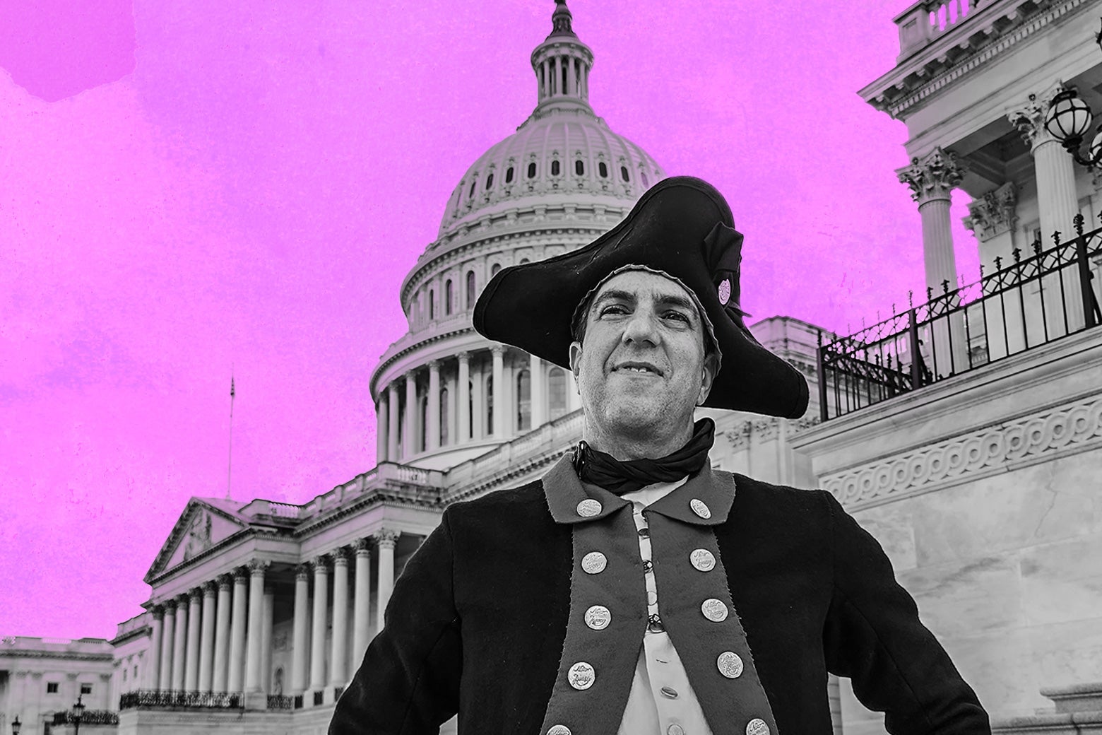 A modern-day man dressed up in Founding Fathers garb stands in front of the Supreme Court building.