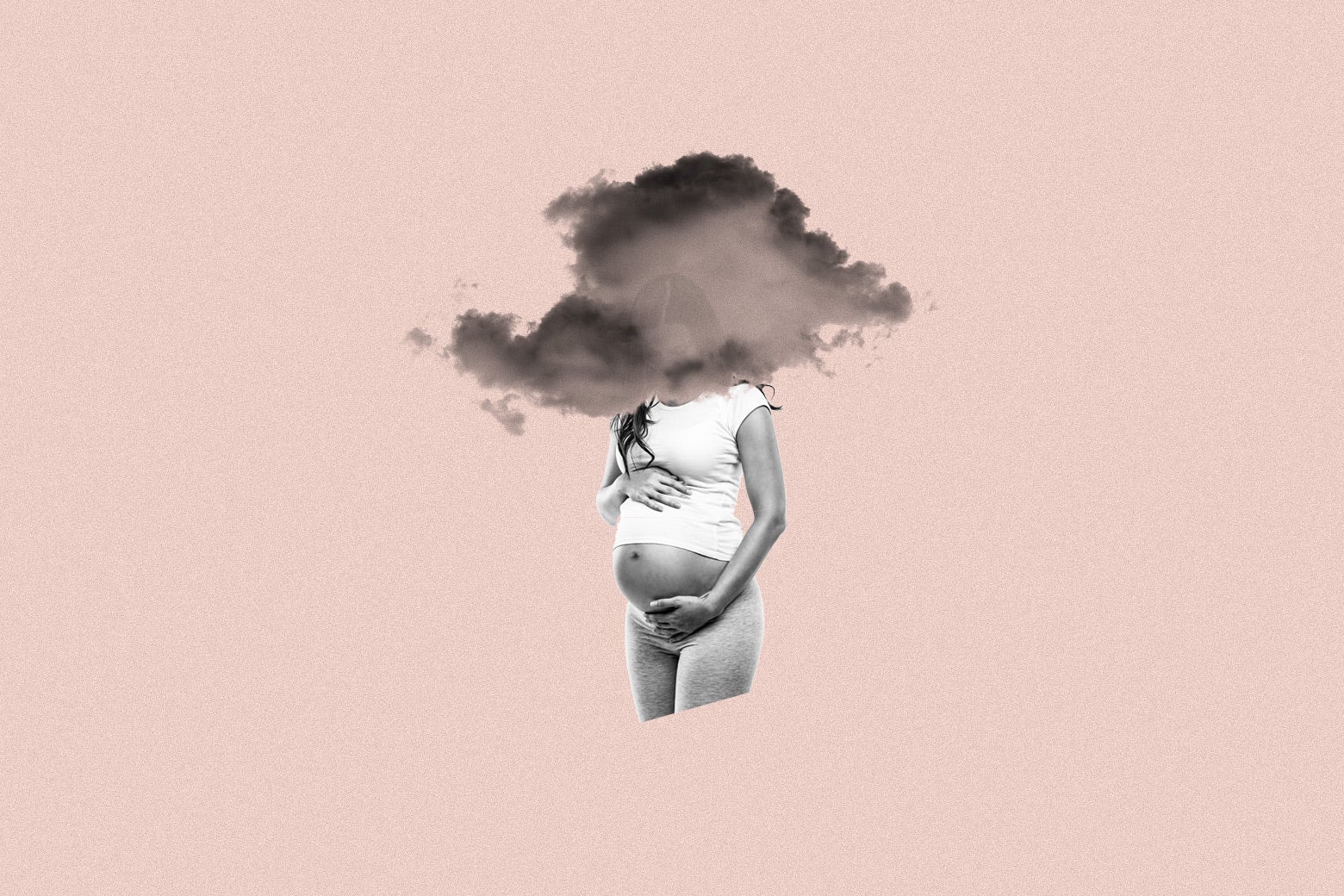A pregnant woman holding her stomach. Her head is covered in a cloud. 