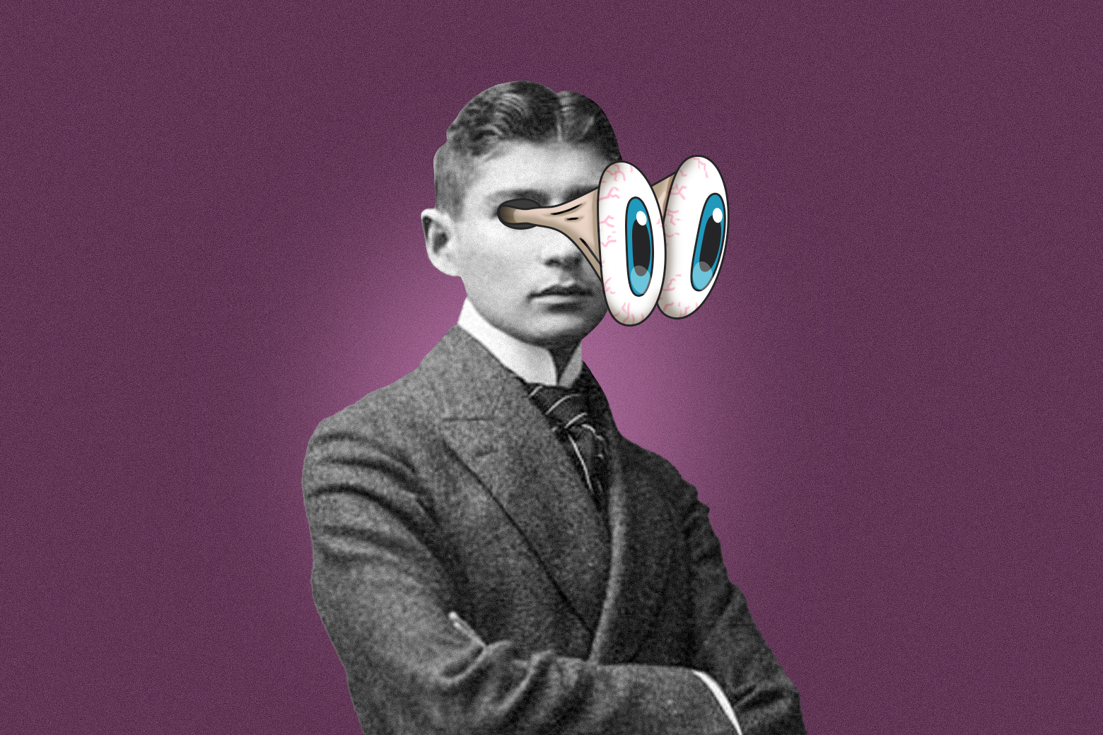 Franz Kafka, but his eyes are popping out like a cartoon wolf.