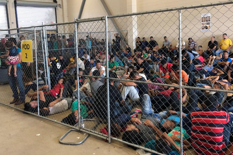  In this handout photo provided by the Office of Inspector General, overcrowding of families is observed by OIG at U.S. Border Patrol McAllen Station on June 10, 2019 in McAllen, Texas.