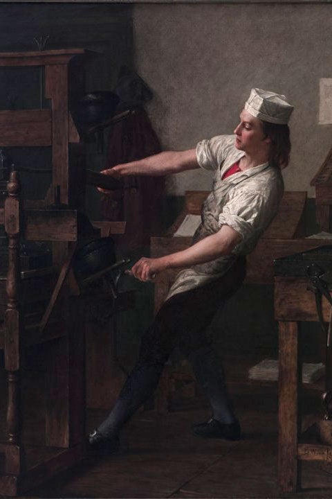 Painting of a young man working at a printing press