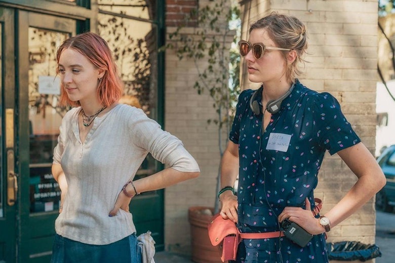 Saorise Ronan and Greta Gerwig on the set of Lady Bird.