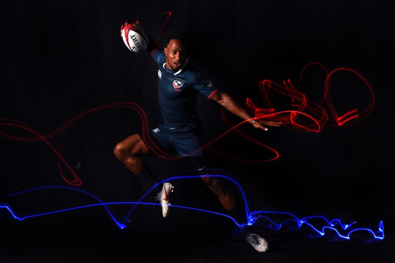 Carlin Isles in a rugby uniform jumping and holding the ball in his right arm, with red and blue laser lights illustrated as twisting by his legs