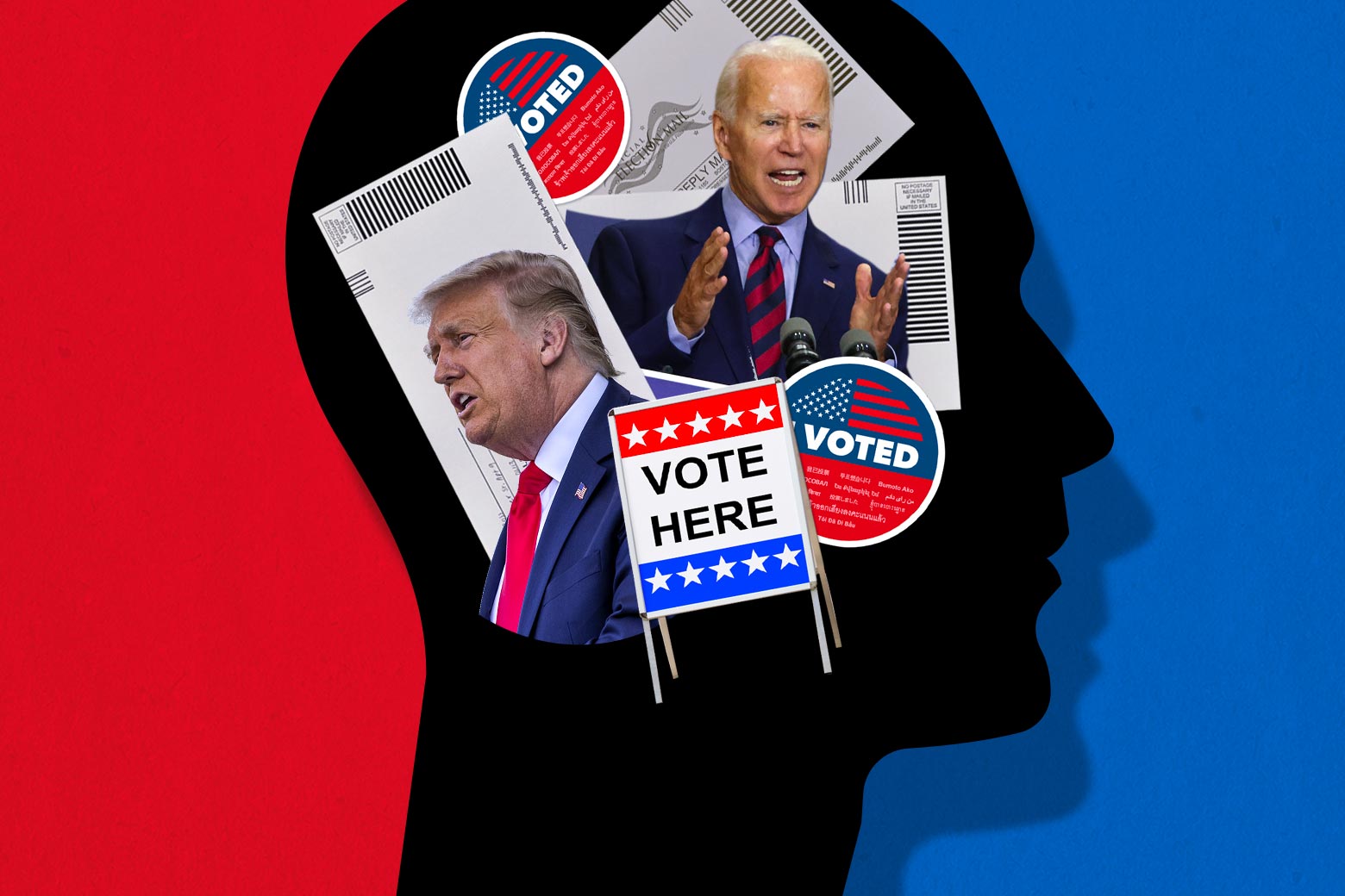 A silhouette of a human head with ballots, voting signs and stickers, Donald Trump, and Joe Biden inside of it.