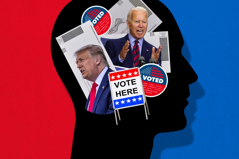 A silhouette of a human head with ballots, voting signs and stickers, Donald Trump, and Joe Biden inside of it.